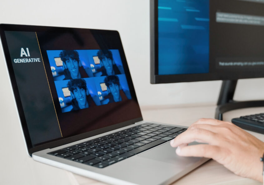 Person creating photo art with Artificial Intelligence software in computer laptop.